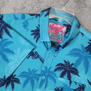 Retro Rifle GTA Vice City Shirt Mens L Blue Tropical Gun Print Stretch Button Up